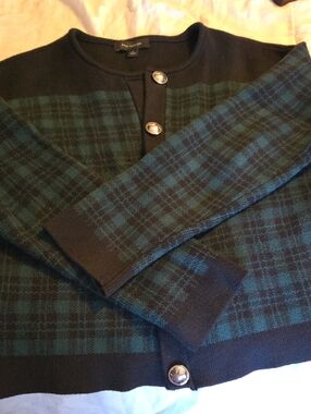 Ann Taylor Black and Teal Plaid Button Cardigan